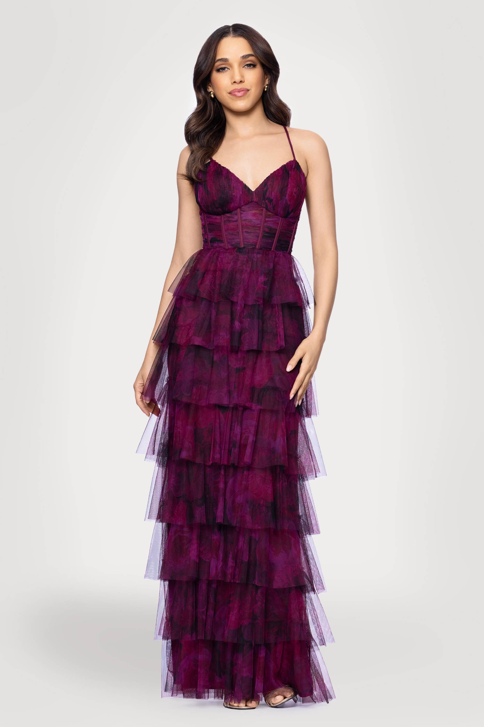 "Jonnie" Printed Mesh Ruffle Floor Length Dress