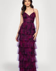 "Jonnie" Printed Mesh Ruffle Floor Length Dress