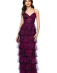 "Jonnie" Printed Mesh Ruffle Floor Length Dress