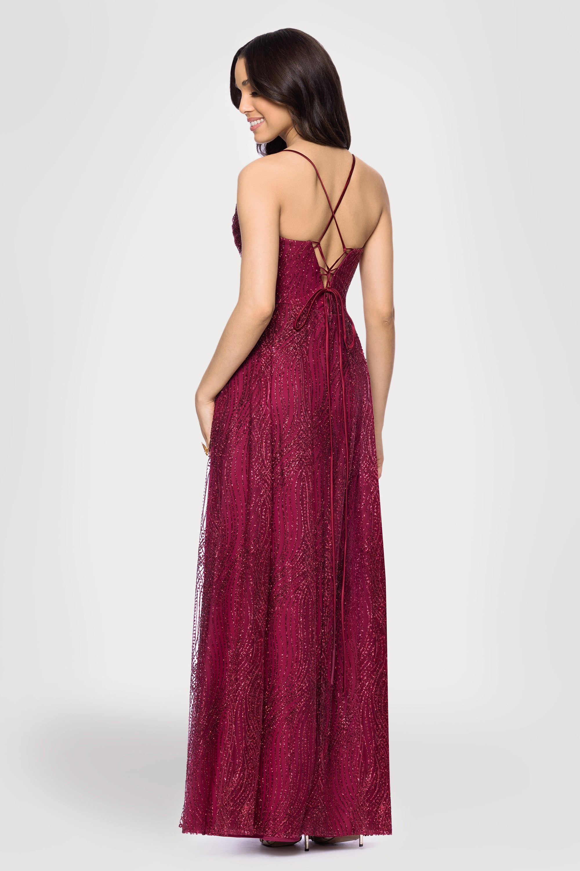 "Rory" Glitter Mesh Draped Sweetheart Neckline Floor Length Dress