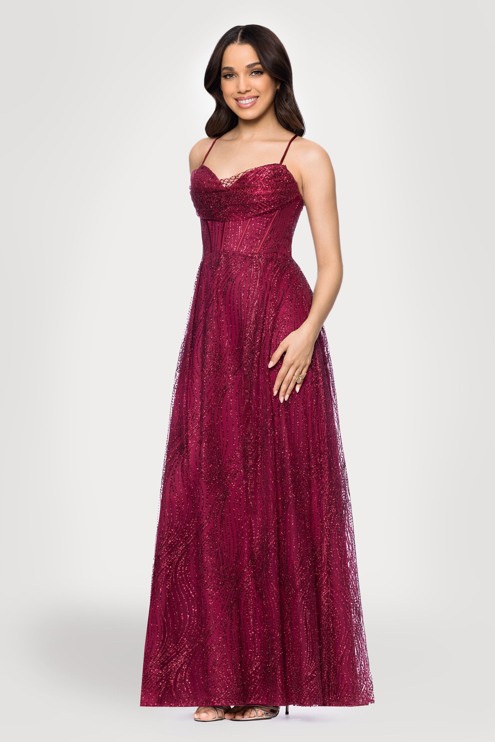 "Rory" Glitter Mesh Draped Sweetheart Neckline Floor Length Dress