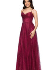 "Rory" Glitter Mesh Draped Sweetheart Neckline Floor Length Dress