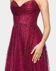 "Rory" Glitter Mesh Draped Sweetheart Neckline Floor Length Dress