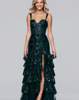 "Tinsley" Sequin and Lace Tiered Floor Length Dress