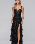 "Tinsley" Sequin and Lace Tiered Floor Length Dress