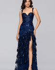 "Tinsley" Sequin and Lace Tiered Floor Length Dress