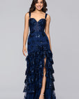 "Tinsley" Sequin and Lace Tiered Floor Length Dress