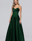"Riley" Satin Applique Floor Length Dress