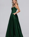 "Riley" Satin Applique Floor Length Dress
