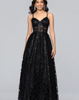 "Evie" Glitter Mesh Bow Lace Up Back Floor Length Dress