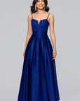 "Aimee" Lamour Satin Applique Lace-Up Floor Length Dress