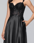 "Janelle" Satin and Sequin A-Line Floor Length Dress