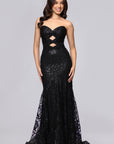 "Blake" Glitter Mesh Strapless Cutout Floor Length Dress