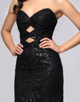 "Blake" Glitter Mesh Strapless Cutout Floor Length Dress