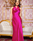 "Annalise" Satin Halter Drape Floor Length Dress