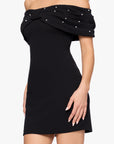"Ivanna" Scuba Crepe Off the Shoulder Embellished Short Dress