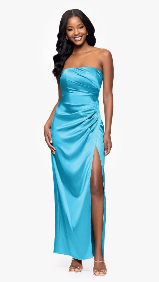 "Molly" Satin Strapless Leg Slit Floor Length Dress