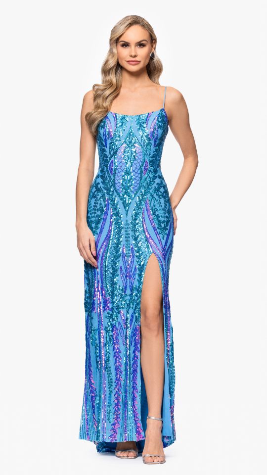 "Nora" Sequin Scoop Neck Tieback Floor Length Dress