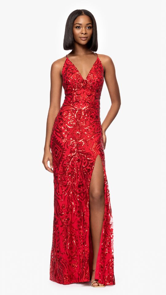 "Jessa" V-Neck Sequin Patter Floor Length Dress