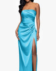 "Molly" Satin Strapless Leg Slit Floor Length Dress