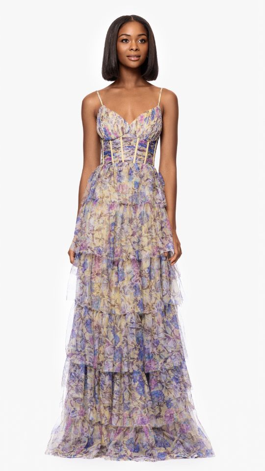 "Chelsea" Mesh Tiered Ruffle Corset Floor Length Dress