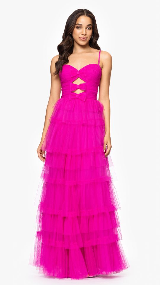 "Gina" Mesh Tier Bow and Ruffle Floor Length Gown