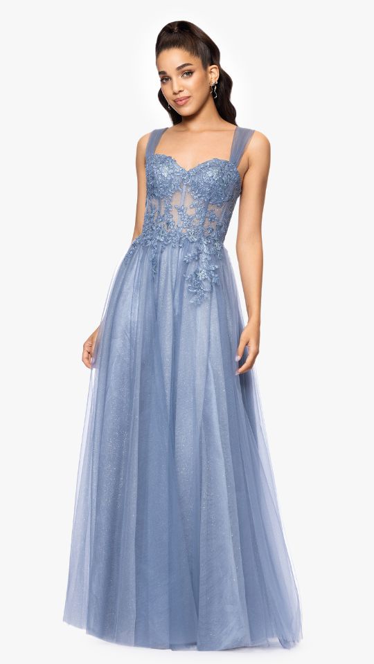 "Christy" Embellished Mesh Illusion Corset Floor Length Dress