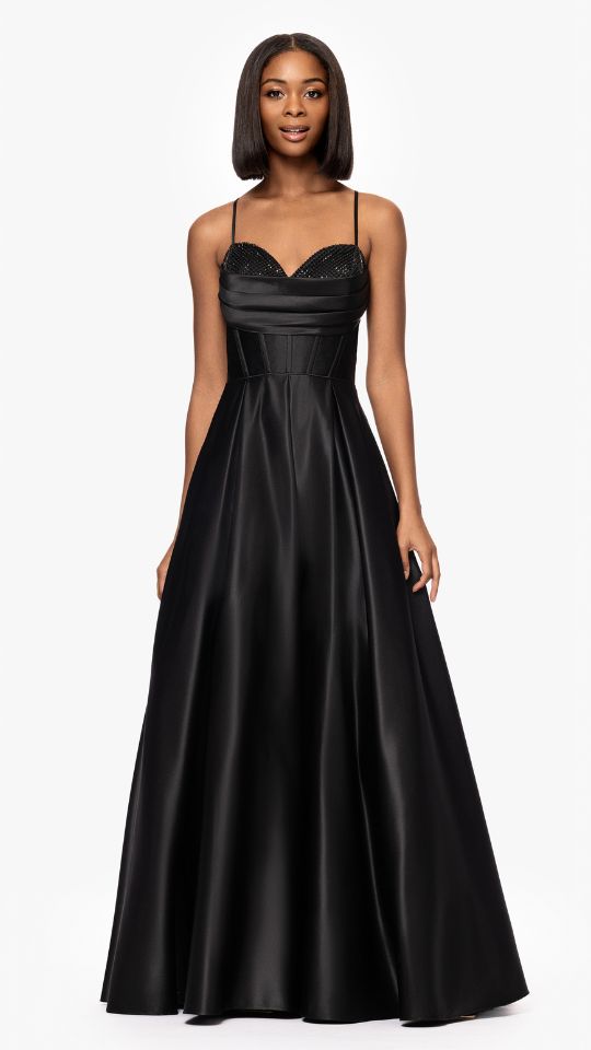 "Leah" Satin Stone Cowl Neck Floor Length Gown