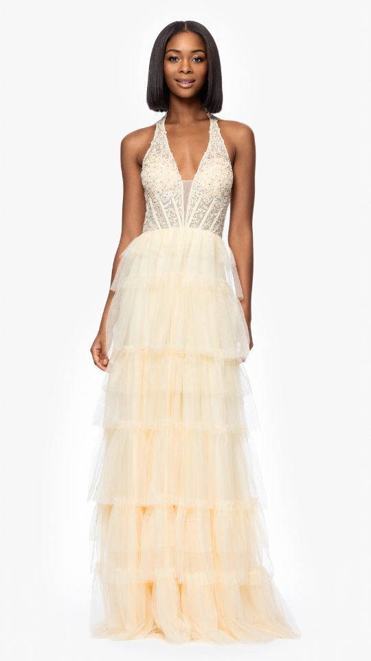 "Velma" Long Mesh Halter Neck Applique and Ruffle Skirt Dress