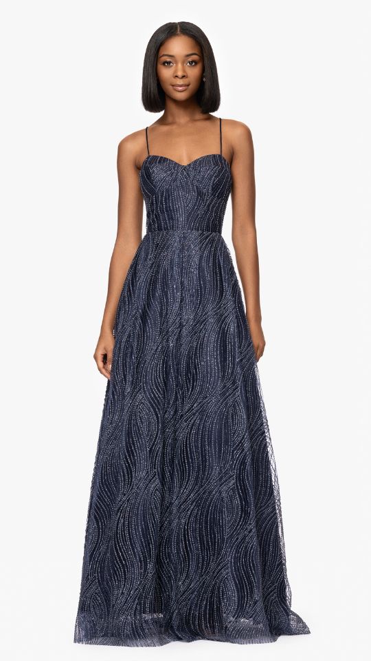 "Samantha" Puff Glitter Spaghetti Strap Floor Length Dress