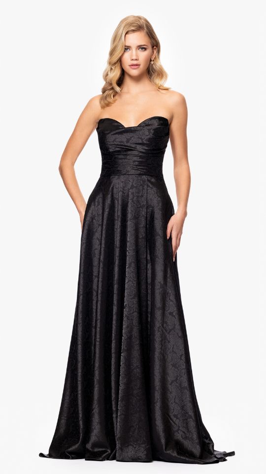 "Raquel" Long Strapless Jacquard Gown