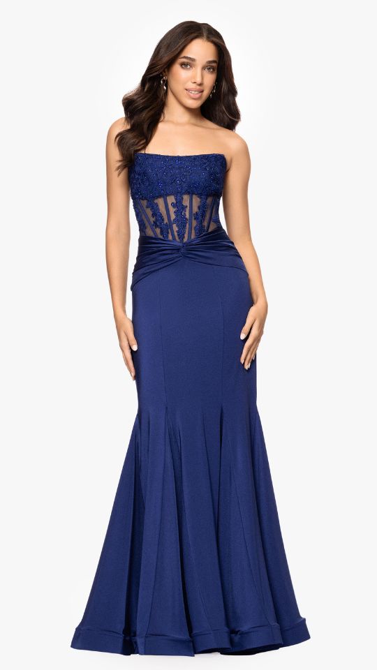 "Nadia" Long Strapless Satin Corset Trumpet Dress