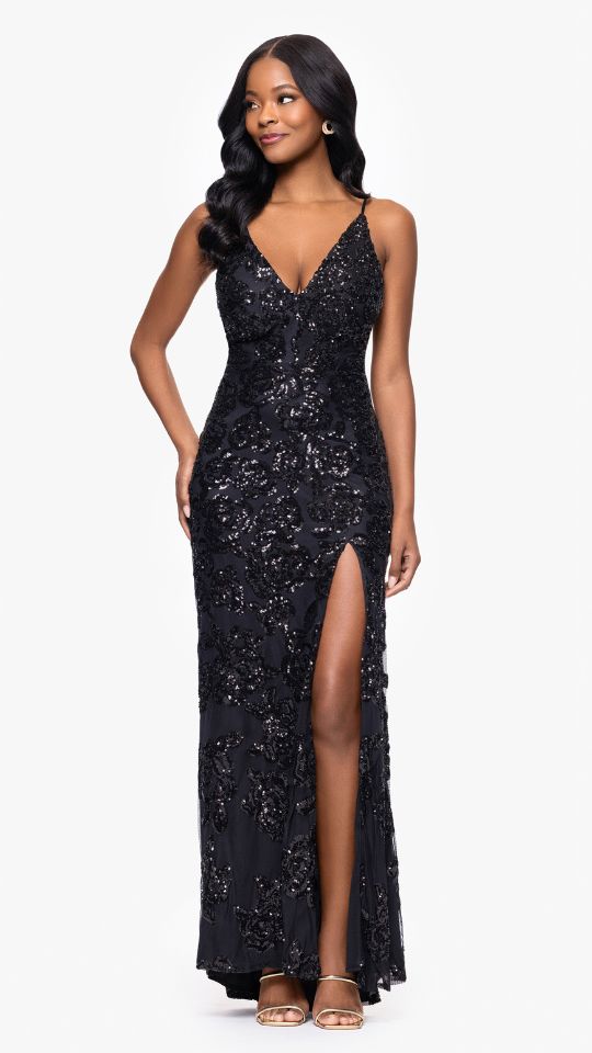 "Bianca" Sequin V-Neck Floor Length Dress