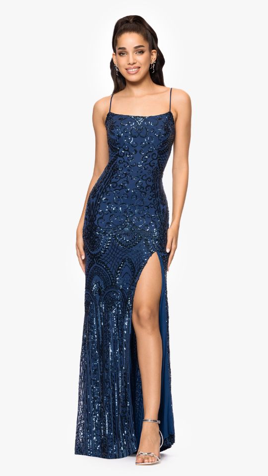 "Cleo" Long Square Neck Sequin Pattern Dress
