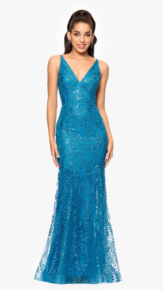 "Jocelyn" Long Glitter Mesh V-Neck Dress