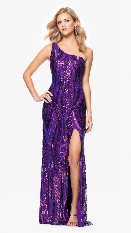 "Terri" Long Placement Sequin One Shoulder Dress