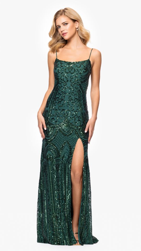 "Cleo" Long Square Neck Sequin Pattern Dress