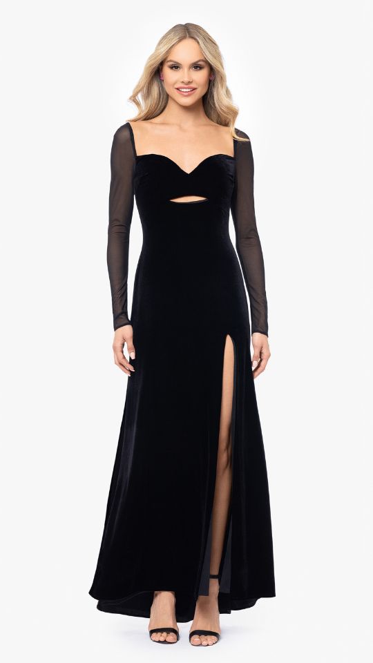 "Valerie" Sheer Long Sleeve Floor Length Velvet Dress
