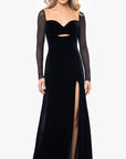 "Valerie" Sheer Long Sleeve Floor Length Velvet Dress