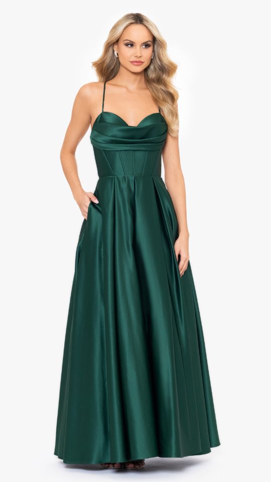 "Liza" Lamour Satin Draped Corset Tieback Gown