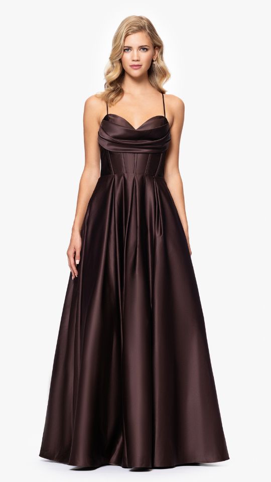 "Liza" Lamour Satin Draped Corset Tieback Gown