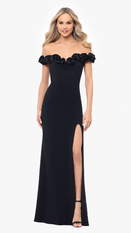 "Talia" Long Scuba Crepe Off the Shoulder Ruffle Dress