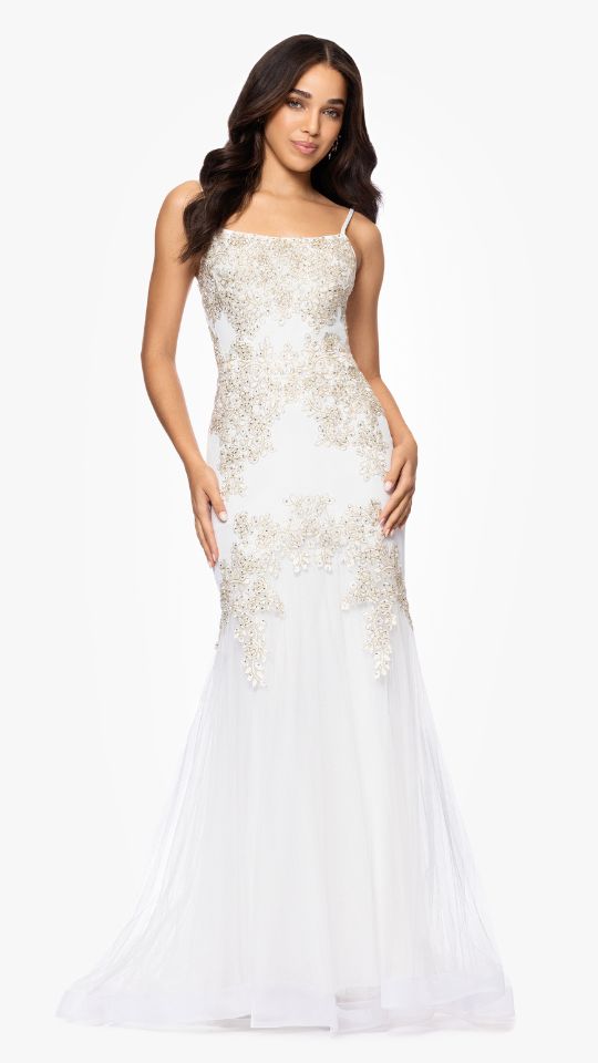 "Junie" Applique Mesh Floor Length Dress