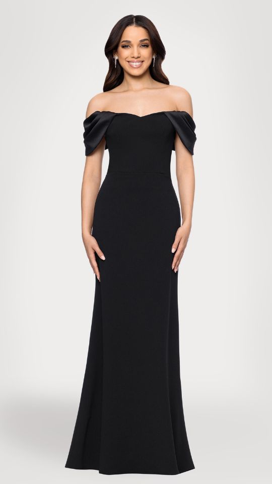 "Taylor" Scuba Crepe Off the Shoulder Satin Sleeves Floor Length Dress