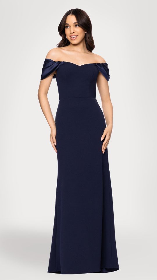 "Taylor" Scuba Crepe Off the Shoulder Satin Sleeves Floor Length Dress