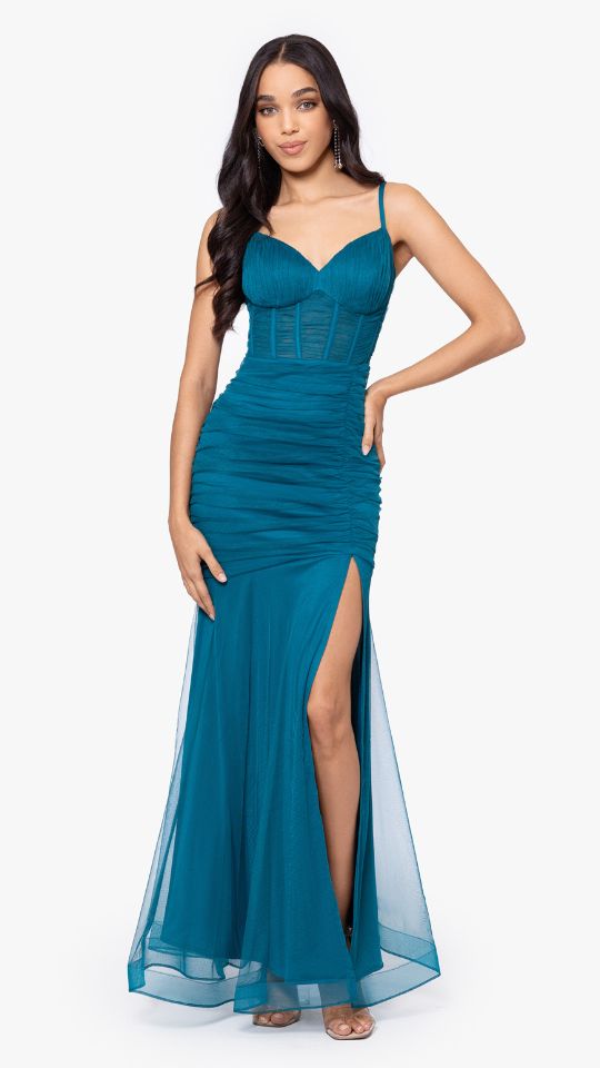 "Alexie" Long Mesh Corset Rouched Mermaid Dress