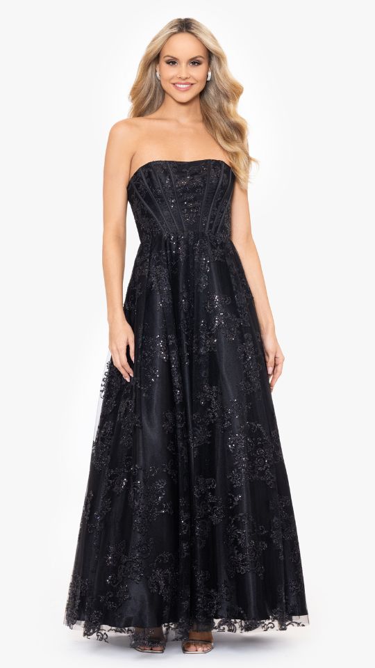 "Tori" Strapless Glitter Mesh Corset Gown