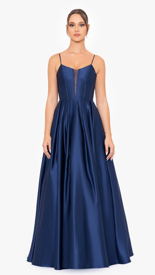 "Carol" Long Satin Mesh Insert Ballgown