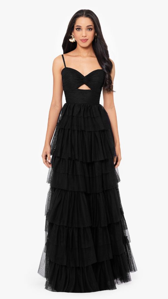 "Tyler" Long Mesh Tiered Spaghetti Strap Gown