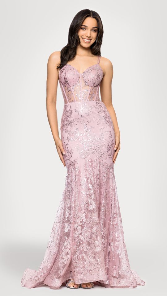 "Tammi" Long Sequin Mesh Mermaid Tieback Dress